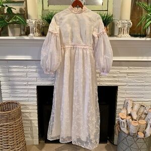 Lorrie Deb SF Cream Sheer Puff Sleeve Velvet Floral High Neck Wedding Gown S